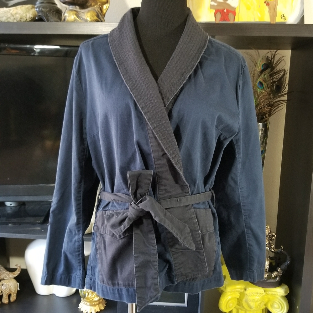 🔥 5/$25 H&M Wrap Utility Blazer Blue Black Weathered Look Tie Waist